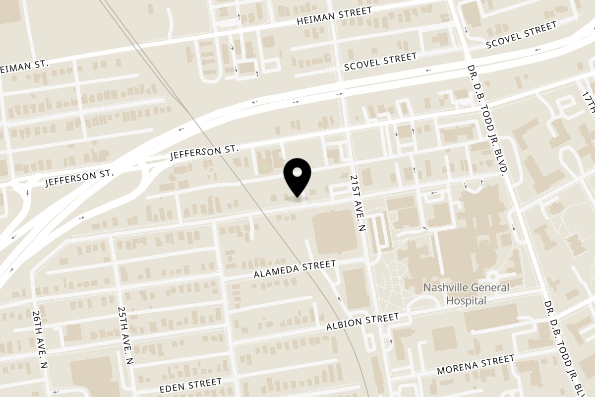 Map showing the location of Riddim N Spice on 2116 Meharry Blvd in Nashville